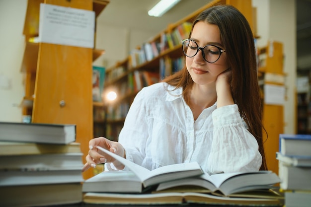 図書館で勉強している学生の女の子の肖像画