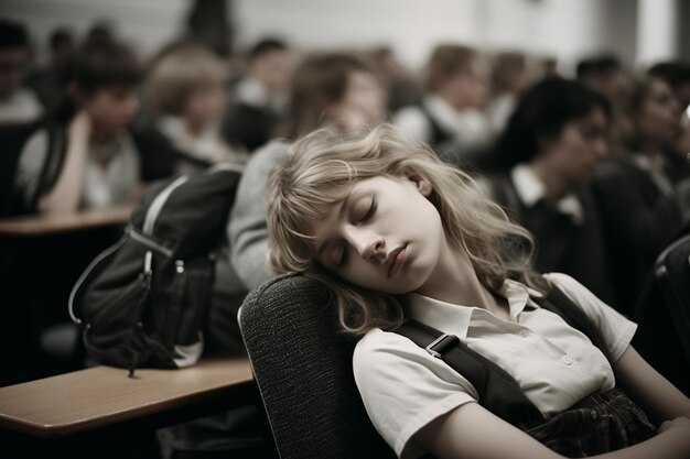 Photo portrait of a student sleeping and lying on a desk in class