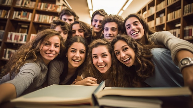 portrait of students taking selfie in library