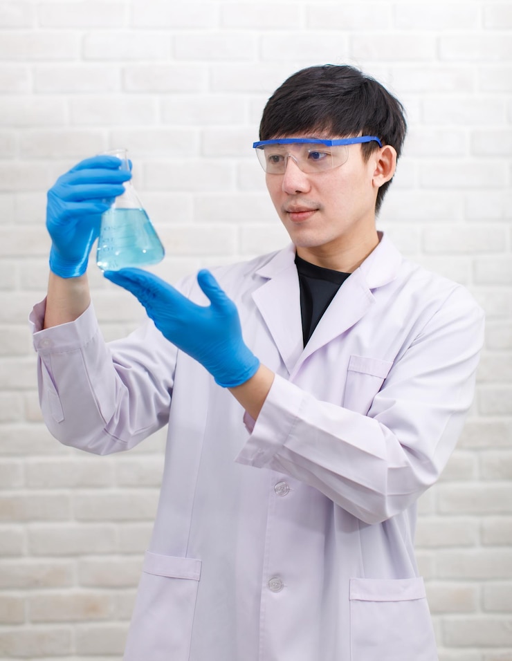 Photo 肖像画スタジオは、白い白衣のゴム手袋でアジアのプロの男性科学者を撮影しました。レンガの壁の背景に空の空の三角フラスコガラス製品を手に持ってカメラを見て笑顔で立っています。