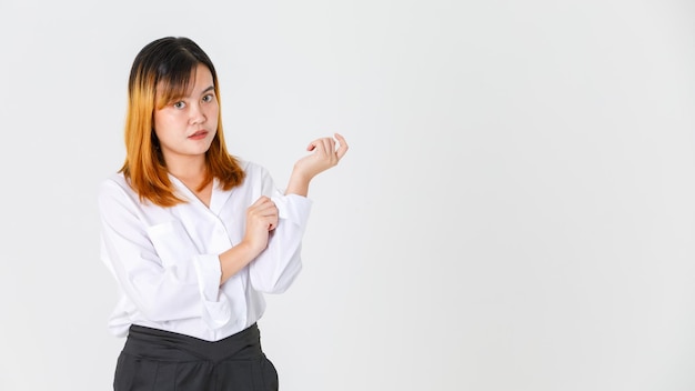 Portrait studio shot of Asian young confident female designer entrepreneur model in casual fashionable wears standing posing look at camera on white background.