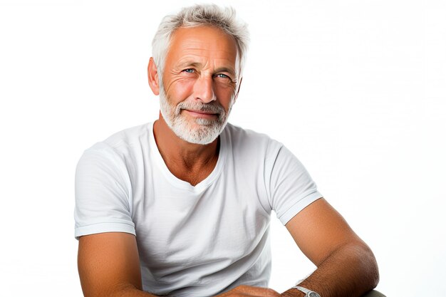 Foto colpo dello studio del ritratto di un uomo anziano sano attraente che sorride rilassato