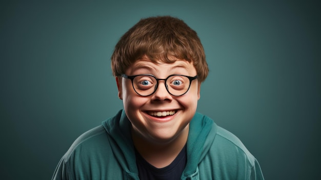 Portrait studio shot a man with Down syndrome who smiles happy every day AI generated image