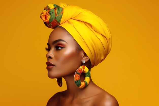 Foto ritratto di una splendida donna afroamericana dalla pelle scura con trucco creativo e con un turbante su uno sfondo giallo generativo ai