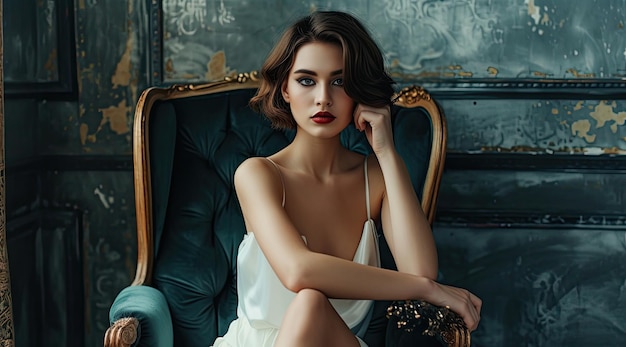 Portrait of a stunning fashionable model sitting in a chair fashion campaing