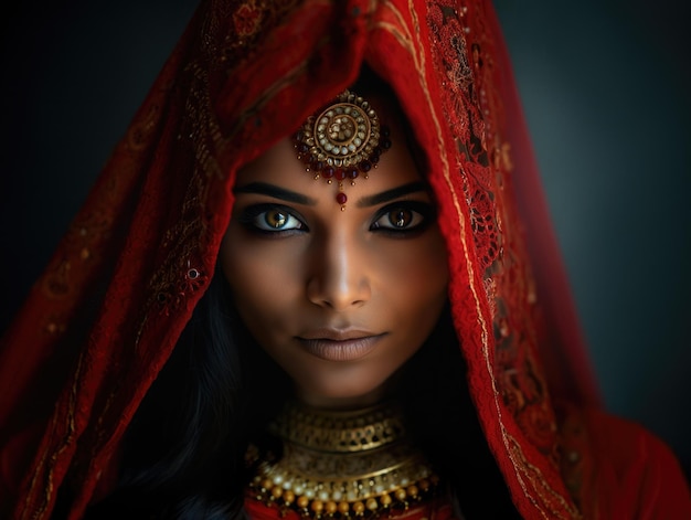 복잡한 금 장신구로 전통적인 신부복을 입은 아름다운 인도 신부의 초상화