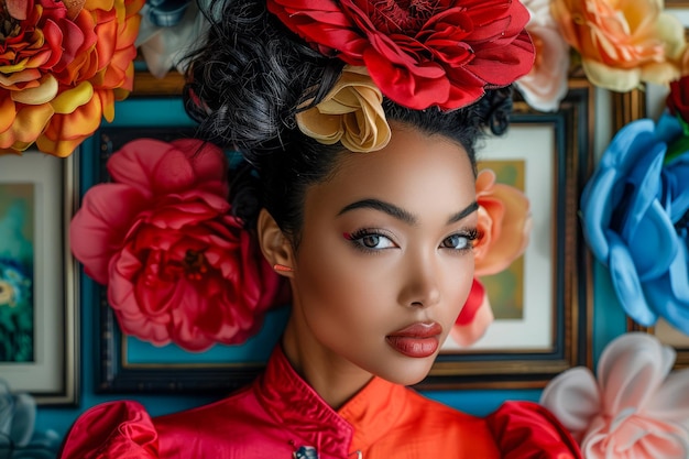 Photo portrait of a stunning woman with floral headdress and red dress against a colorful backdrop