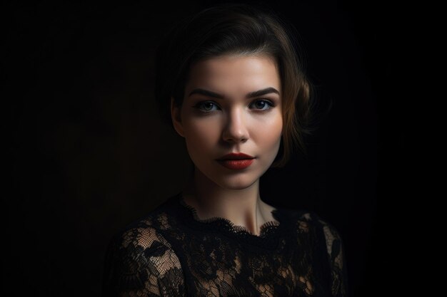 Portrait of a stunning woman with peachcolored lips wearing a black lace dress against a dark