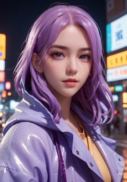 Photo portrait of a stunning woman with violet hair in a pastel raincoat