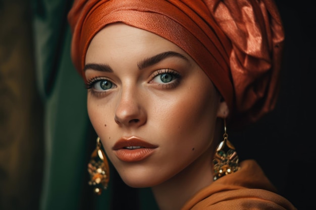 Portrait of a stunning young woman with piercing green eyes and full lips wearing a salmoncolored