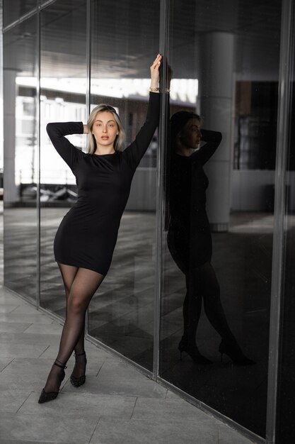 portrait of stylish beautiful woman in black dress