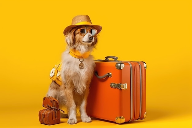 Foto ritratto di un elegante cane con gli occhiali e un cappello in primo piano concetto di viaggio ai generativa