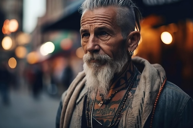 Portrait of stylish elderly bearded retired man on street Generative AI