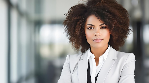 Photo portrait of a stylish elegant authoritative young woman business woman in a white office african ame