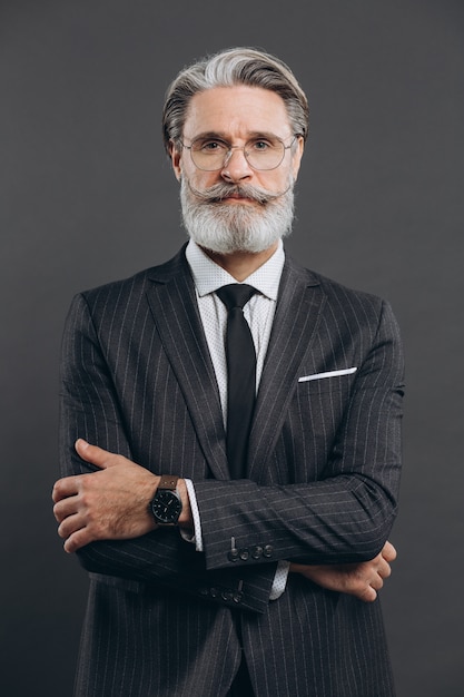 グレーのスーツを着たスタイリッシュでファッショナブルな中年の男性の肖像画。灰色の壁にビジネスとトレンディなクローズアップコンセプト。