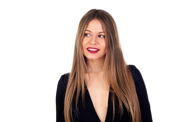 Portrait of stylish girl with long blonde hair and red lips 