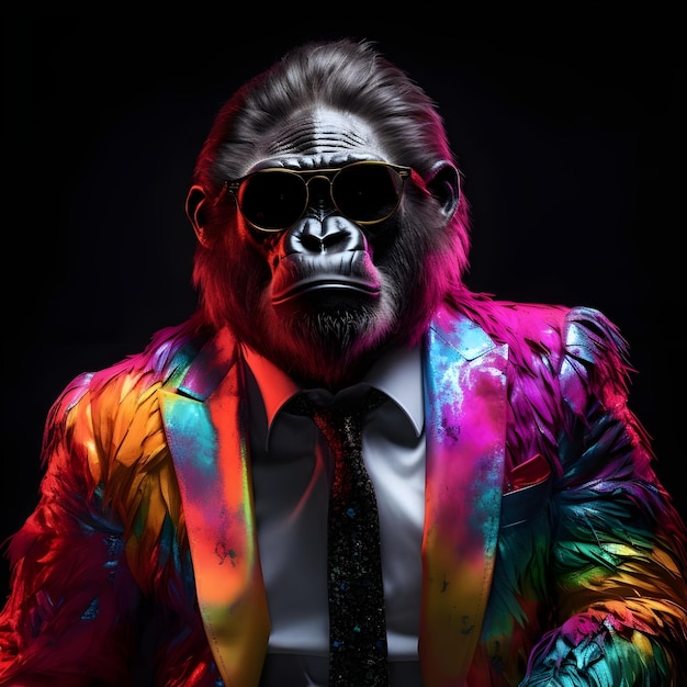 Portrait of a stylish gorilla wearing sunglasses Studio shot over dark background