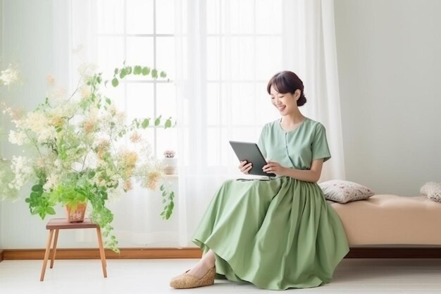 Portrait of stylish korean woman sits on floor with smartphone using mobile phone smiling pleased