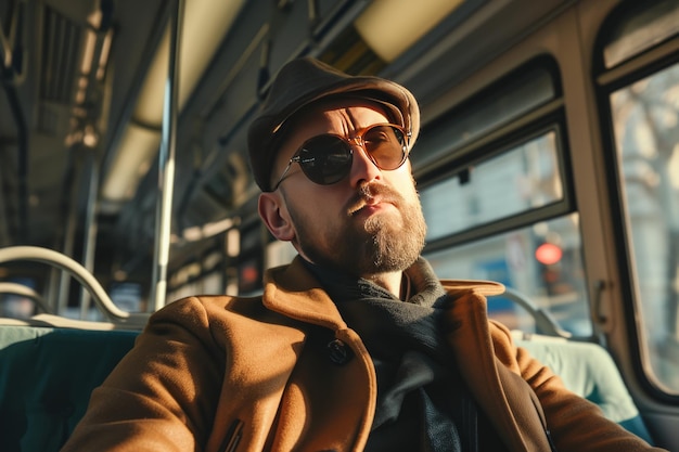 Foto ritratto di un uomo elegante seduto in un autobus vuoto