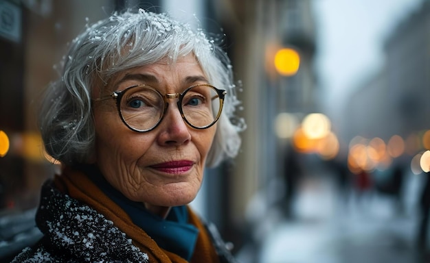 Portrait of stylish old lady on blurred street background