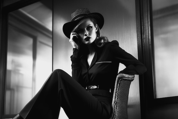 Photo portrait of stylish woman in fashionable clothes in retro style vintage fashion of 1980s in noir style generative ai