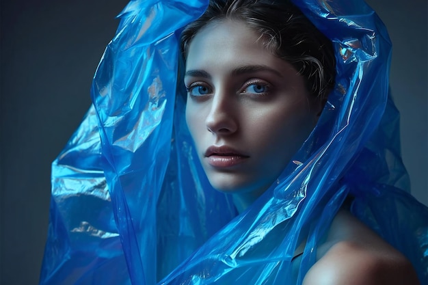 portrait of stylish woman with blue plastic dress