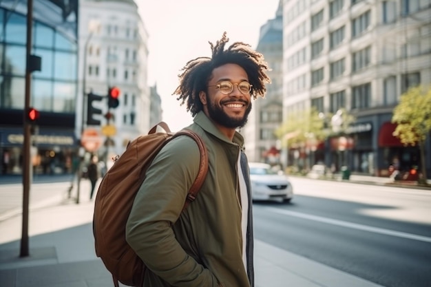 portrait of stylish young african man walking on a sunny day wearing backpack in the city