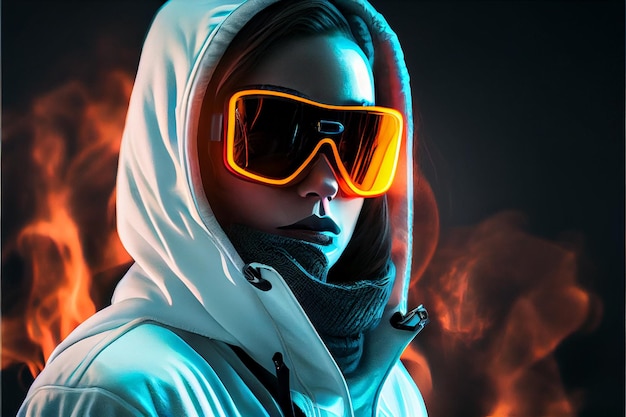 Portrait of a stylish young girl cool posing in a hoodie sunglasses and with developing hair on a neon background