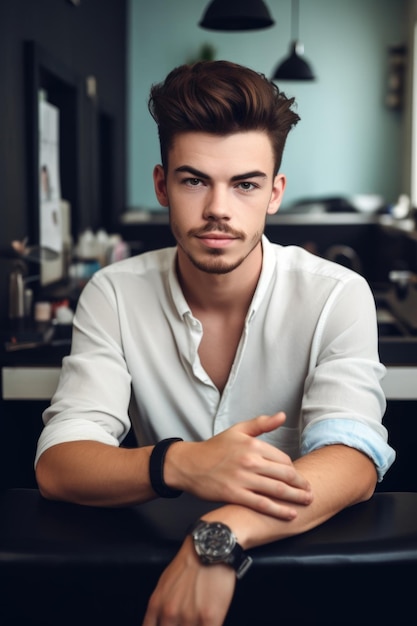 Photo portrait of a stylish young man at a manicure salon created with generative ai