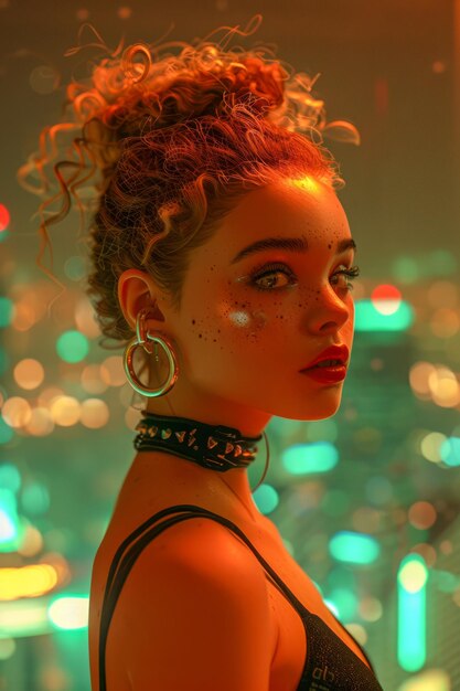 Portrait of Stylish Young Woman with Curly Hair and Freckles in Neon Lighting Fashionable Urban