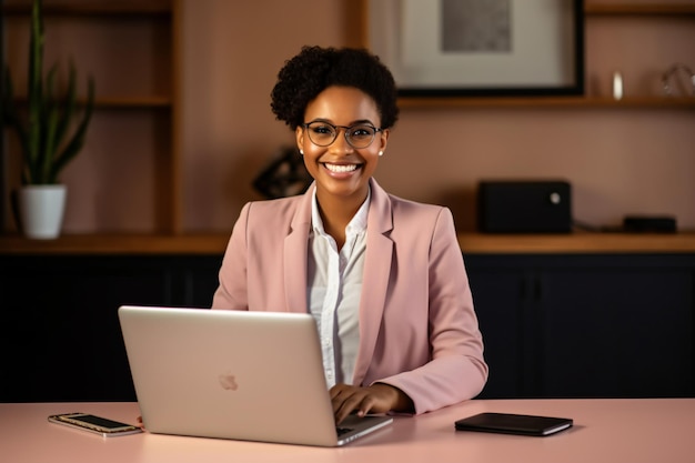 portrait of successful African business woman entrepreneur woman at her desk on laptop in office