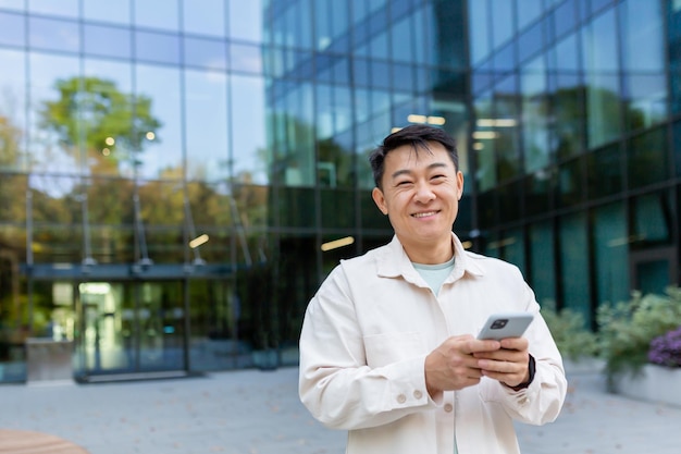 Portrait of successful asian businessman in casual clothes man with phone in hands smiling and