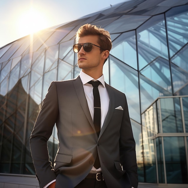 Portrait of Successful Businessman Wearing Suit Standing using Smartphone