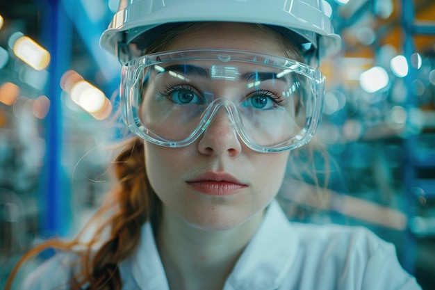 Ritratto di un'ingegnere donna caucasica di successo che indossa un casco bianco in una fabbrica di elettronica specialista dell'industria pesante che pensa a progetti tecnologici avanzati sulla produzione