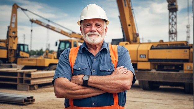 Портрет успешного опытного позитивного мужчины-строителя, улыбающегося с шлемом на голове