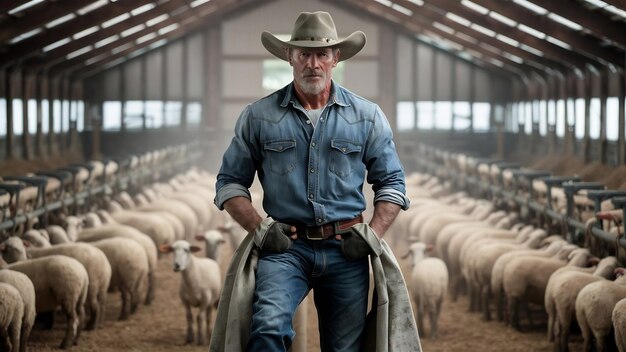 Foto ritratto di un contadino di successo che si trova orgogliosamente nel fienile delle pecore
