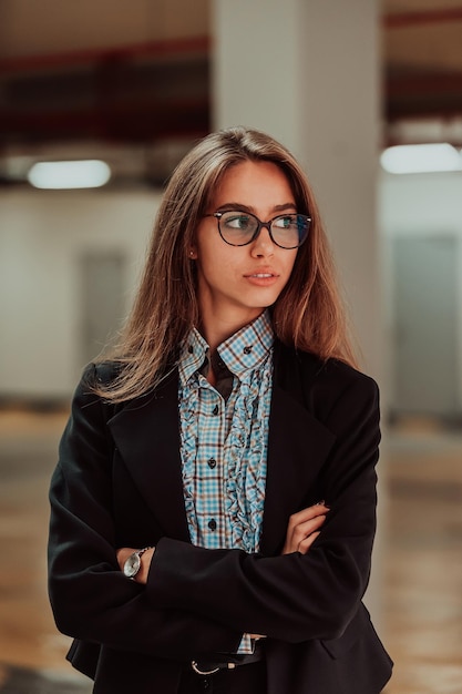 Photo portrait of successful female professional with her arms crossed smiling businesswoman standing in garage