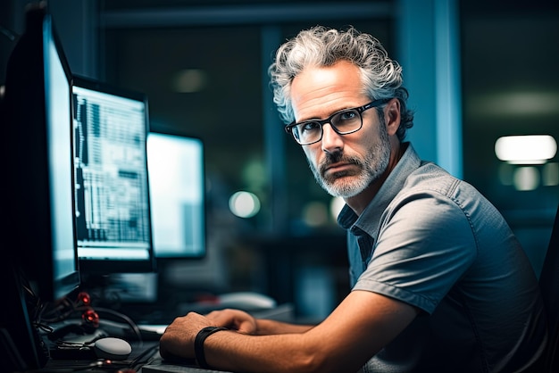 Portrait of a successful grayhaired man with a beard businessman working at a computer