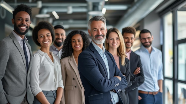 Portrait of successful group of business people at modern office looking at camera Portrait of happy businessmen and satisfied businesswomen standing as a team Multiethnic group of people smiling
