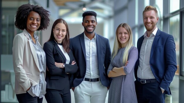 Portrait of successful group of business people at modern office looking at camera Portrait of happy businessmen and satisfied businesswomen standing as a team Multiethnic group of people smiling