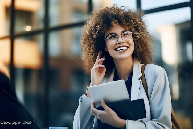 Photo portrait of successful and happy businesswoman office worker smiling and looking at camera working inside modern office