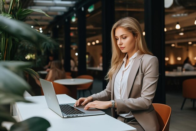 Photo portrait of successful and happy businesswoman office worker smiling and looking at camera working inside modern office