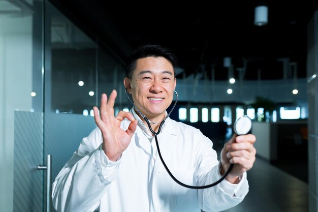 Portrait of a successful happy and cheerful Asian doctor, man in modern clinic looking at camera and smiling