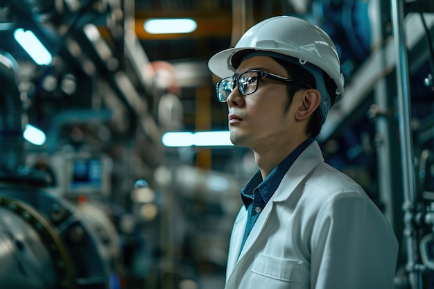 Портрет успешного японского инженера-мужчины, надевающего белую шапку на электротехническом заводе, специалиста тяжелой промышленности, думающего о передовых технологических проектах на производстве