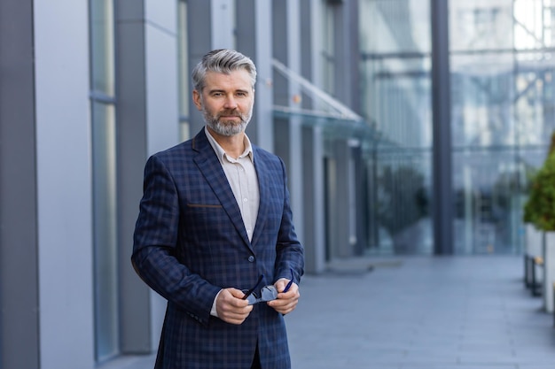 Portrait of successful mature man outside office building businessman in business suit looking at