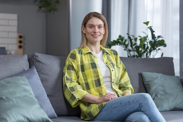 Portrait of successful middleaged woman housewife sitting on sofa in kitchen and smiling looking at camera