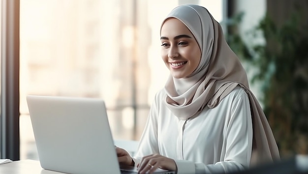 ヒジャブを着たラップトップ女性が微笑み、オフィス内で成功したイスラム教徒の実業家のポートレート