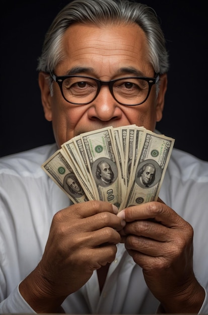 Portrait of a successful person posing showing a lot of banknotes in his hand