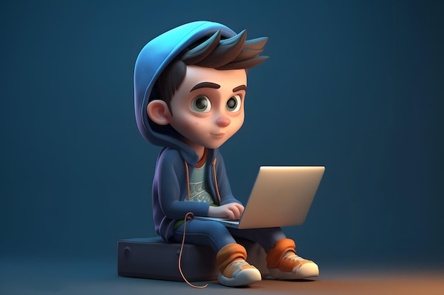 Portrait of successful programmer game developer or coder guy in uses computer laptop for work Game design Hacker boy Generative Ai Coding professional in Hoodie