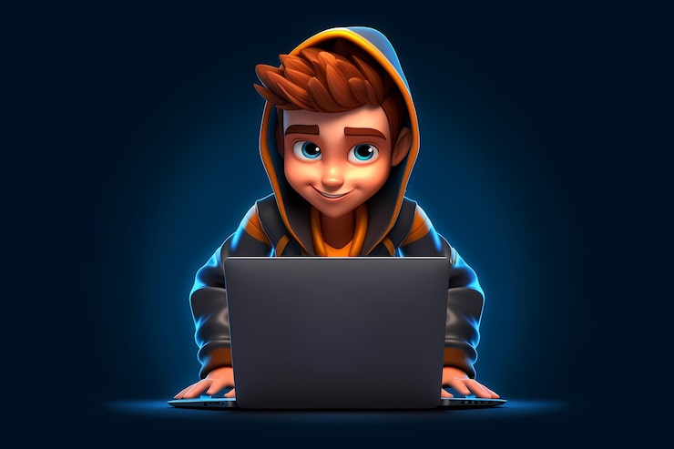 Photo portrait of successful programmer game developer or coder guy in uses computer laptop for work game design hacker boy generative ai cyber gamer